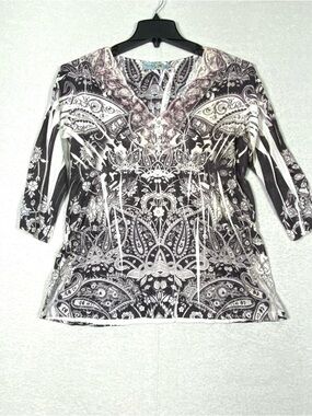 Unity World Wear Floral Blouse Womens PL Black White Sublimation Lace 3/4 Sleeve